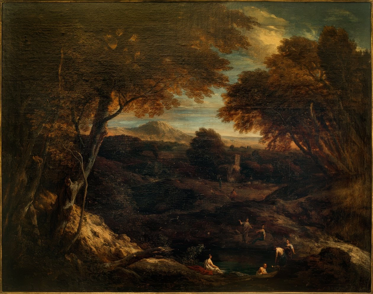 Ampio paesaggio classico con figure che fanno il bagnoe